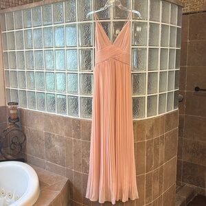 Full length peachy blush chiffon pleated dress. Size Medium